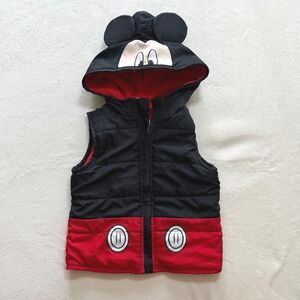 Disney Mickey Mouse Puffer Vest Kids 12M Black Red Hooded 3D Ears Fleece Lined